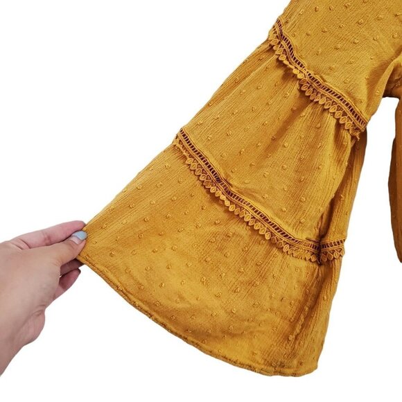 Lulus Blouse Small Off The Shoulder‎ Mustard Yellow Sunny Story Bell Sleeve Top - Picture 4 of 11